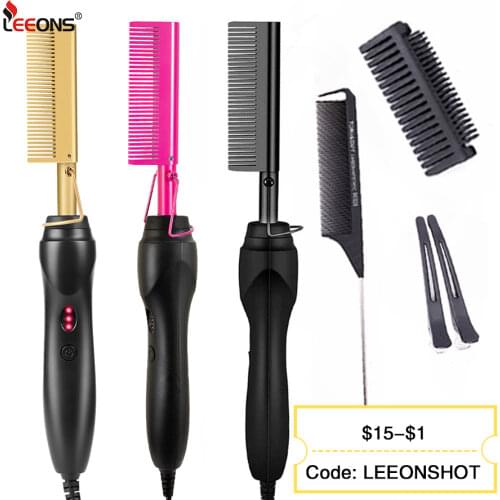 Leeons Black Hot Comb Hair Straightener Flat Iron Electric Hot Heating Comb Wet And Dry Hair Curler Straight Styler Curling Iron