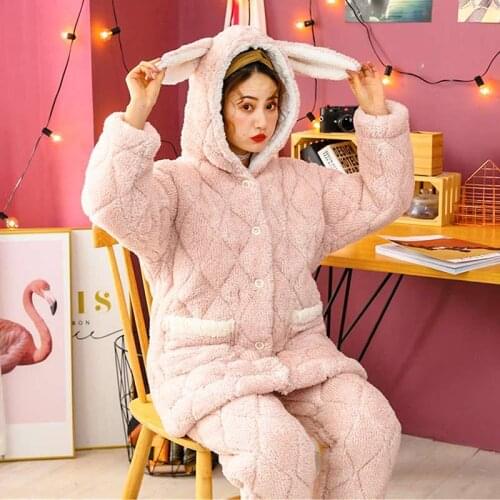 Pink Rabbit Ear Women Soft Thick Pajama Ladies Winter Flannel Keep Warm Sleepwear Cute Female Long Sleeve Two Piece Home Clothes