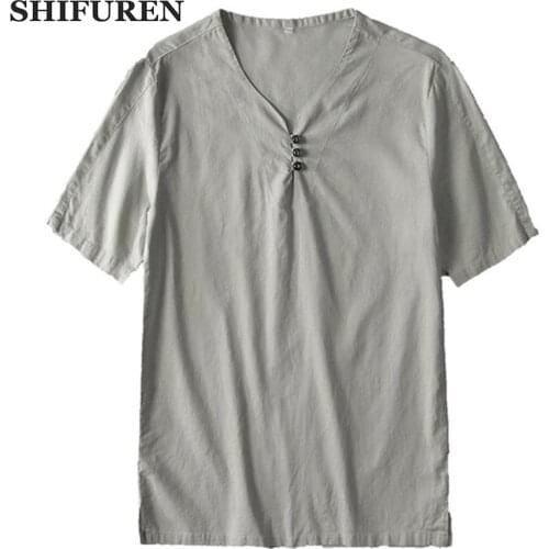 SHIFUREN 2020 Summer Mens Cotton Linen Solid Short Sleeve Shirts V Neck Blouse Retro Chinese Style Tops camisa masculina