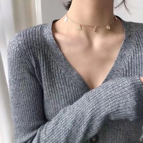 Thin Chain Tassel Portrait Coin Badge Necklace for Woman 14K Pendant Clavicle Choker Statement Jewelry Charm Party Accessories