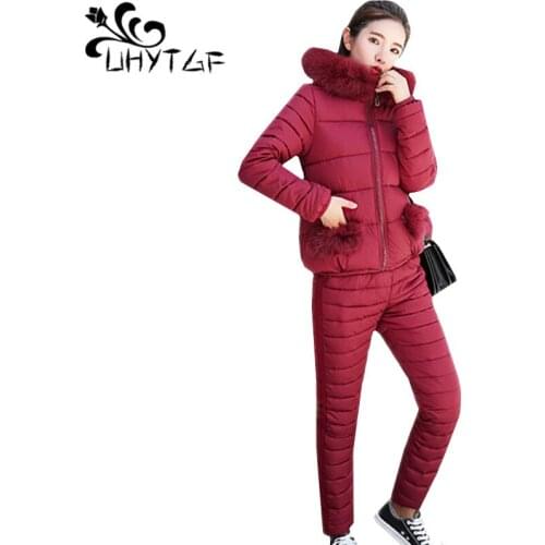 UHYTGF Women Winter Down Cotton Jacket Suit Female Fashion Fur Collar Hooded Thick Short top Cotton Pants Warm Two piece Set 270