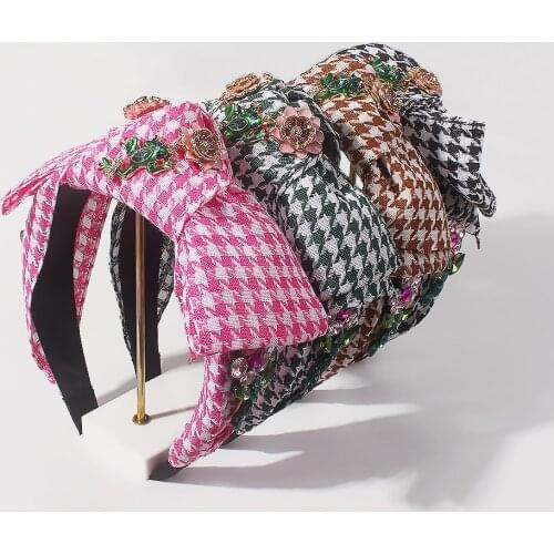 Bohemian Plaid Headbands Womens Hair Accessories Frog Flower Head Band Lattice Knotted Hairband Party Prom Rhinestone Headwear