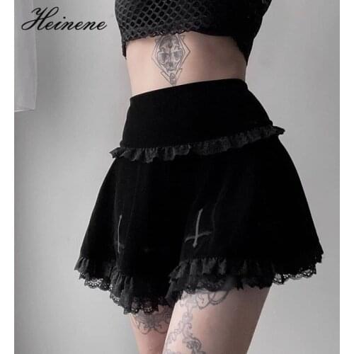 Heinene Gothic Y2K Black Summer Mini Skirt Womens Bandage Lace Patchwork Harajuku High Waist Skirt Sexy Fashion Aesthetic Skirts