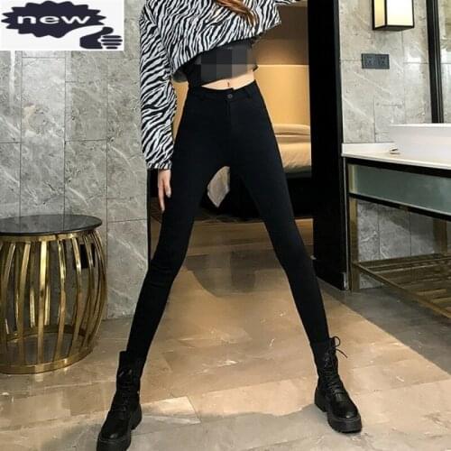 Fleece Lining Skinny Casual Women Autumn Winter New Elastic Waist Black Pencil Pants High Street Punk Trousers Female