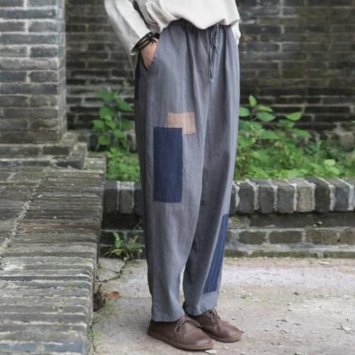 Women Loose Elastic Waist Patchwork Ramie Pants Ladies Vintage Spliced Harem Trousers Female 2020 Autumn Pants