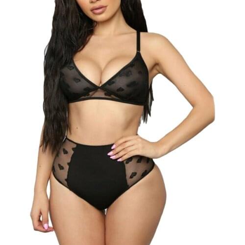 Women Sexy See Through Heart Print Underwear Set No Pad Bra High Waist Briefs