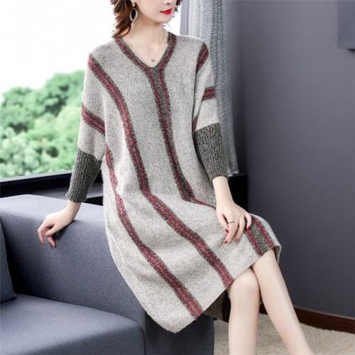 Clothes 2020 Fall/Winter New Plus Size Temperament Mid-length Striped Lady Bat Sleeve Sweater Dress Women Vintage Knit Shirt y3