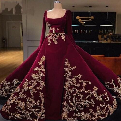 Dark Red robe de soiree Overskirts Evening Dresses With Sash Scoop Lace Appliques Muslim Prom Dress African Full Sleeves