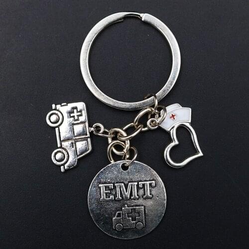 1pc Silver Plated EMT & Nurse Hat & Ambulance Keychain Creative DIY Metal Keyring A1733