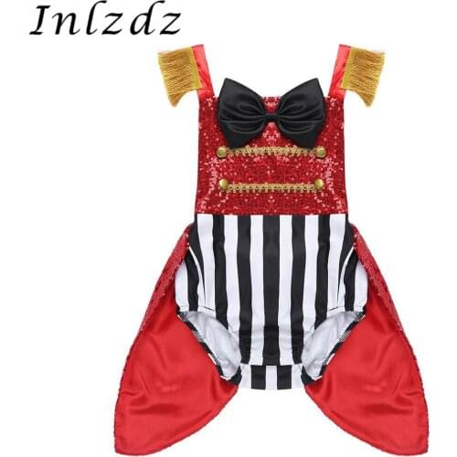 Infant Baby Girls Circus Ringmaster Halloween Cosplay Costume Shiny Sequins Bowtie Backless Striped Romper for Roleplay Party
