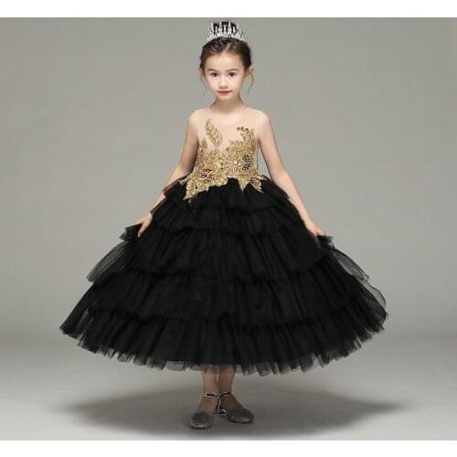 Affordable Cute Black and Gold Princess Tulle Long Floor Length Ball Gown Flower Girl Dresses For Wedding