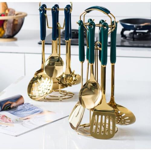 Stainless Steel Kitchenware Kit Nordic Golden Cooking Shovel Seven Sets of Green Blue Ceramic Handle Household Kitchen Supplies