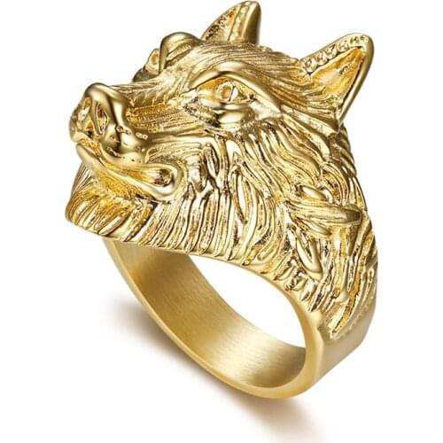 Hip Hop Gold Color Stainless Steel Wolf Head Animal Rings for Men Rock Jewelry Drop Shipping