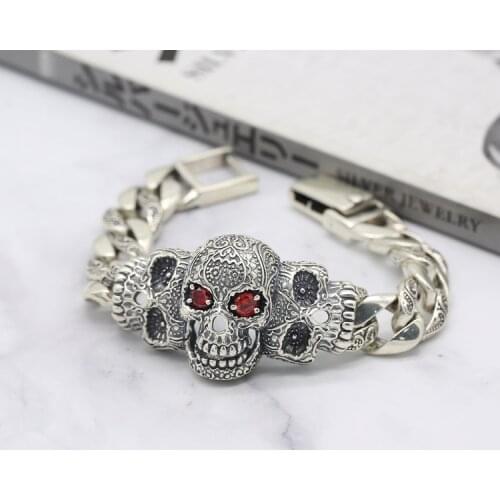 100% S925 solid sterling silver retro Thai silver mighty skull bracelet personality mens punk wind bracelet