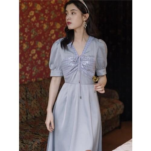 2020 new fashion womens clothing Vintage dress women dress V-Neck Short