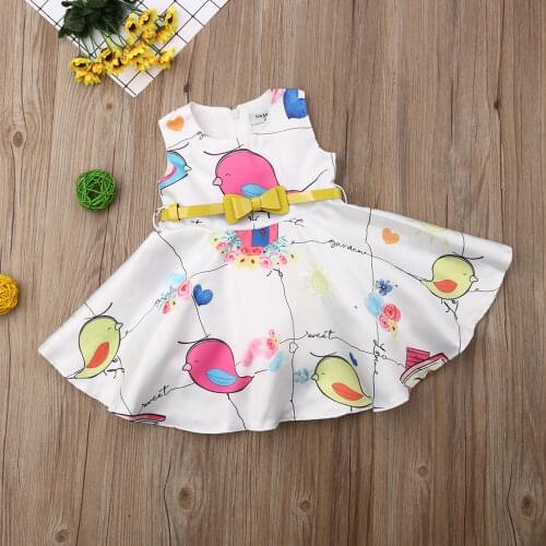 Kids Baby Girls Bird Dress Formal Sleeveless O-Neck Party Pageant Princess Dress Girls High Waist Sundress with Bow Belt 1-5T