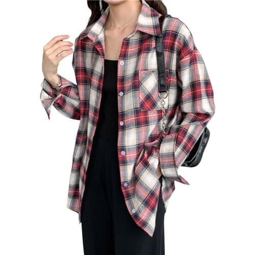 Polyester Check shirt age reduction small fresh Plaid long sleeve shirt spring and autumn top for women white-collar students