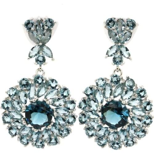 37x21mm 7.8g Delicate Fine Cut Created London Blue Topaz Pink Tourmaline Tsavorite Garnet 925 Solid Sterling Silver Earrings