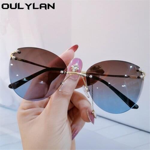 Oulylan Metal Trimming Sunglasses Women Trendy Rimless Cat Eye Sun Glasss Vintage Female Gradient Shades Blue Tea Eyewear UV400