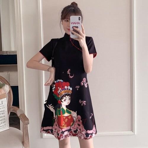 Modern Chinese Style Beijing Opera Girl Print Qipao Dress Women Party Retro Cheongsam Japanese Fashion Streetwear Vestidos
