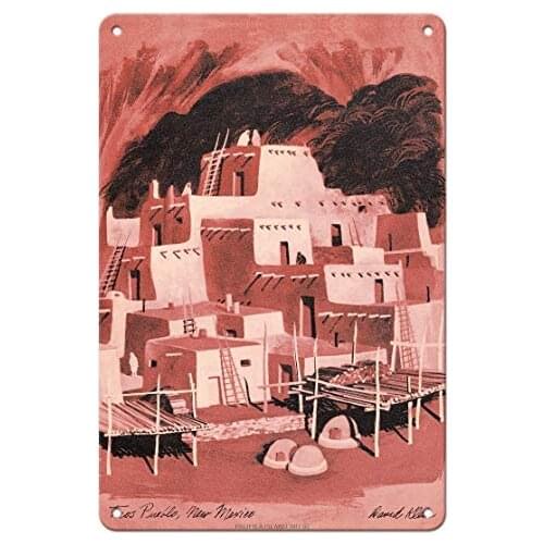 Taos Pueblo, New Mexico - Adobe Dwellings - TWA (Trans World Airlines) by David Klein c.1968- Metal Sign