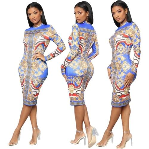 Retro Multicolor Printing Dresses Long Sleeve Turtleneck Knee-length Dress High Waist Bodycon Party Dresses Fashion New Arrivals