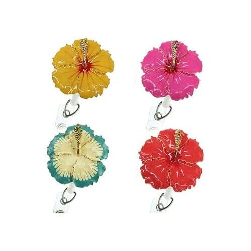 Costume Jewelry Crystal Rhinestone Beautiful enamel Hawaii Hibiscus Flower Retractable id Badge holder Reel