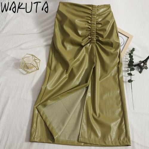 WAKUTA PU Shirring Skirts Women 2021 New Sexy High Waist Bodycon Ladies Split Solid Color Skirt Office Elegant Faux Leather Club