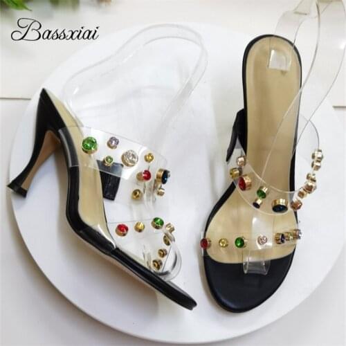 Colorful Rhinestone PVC Transparent Lady Mules Sexy Kitten Heel Open Toe Crystal Diamond Slingbacks Women Sandals Summer