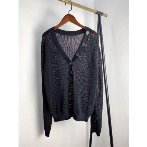 Women V-neck Knitted Sweater 2020 New Micro Perspective Buttons Decoration Female Long Sleeve Casual Pullover Top