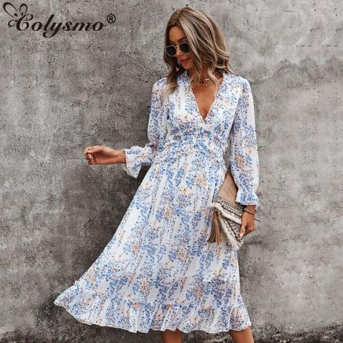 Colysmo Long Sleeve Mesh Dress Bohemian See Through V Neck Edible Tree Fungus Patchwork Print Dresses Women Fashion Midi Dress