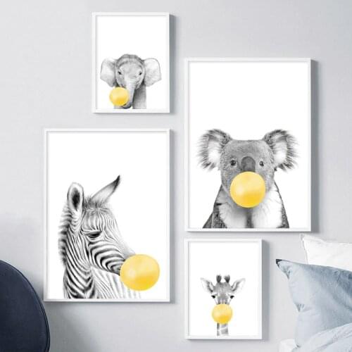 Giraffe Zebra Posters and Prints Canvas Art Painting Yellow Bubble Animal Nordic Nursery Wall Art Pictures for Living Room Decor