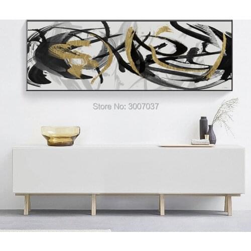 100% Hand Painted Modern Abstract Oil Painting Wall Art Canvas Painting Black Gold Line Pictures for Living Room Decor No Frame