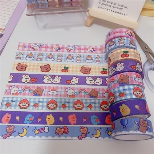 15mm*5m Cartoon Cute Bear Rabbit Grid Washi Tapes Korean Decoration Masking Tape DIY Scrapbooking Journal Album Stationery