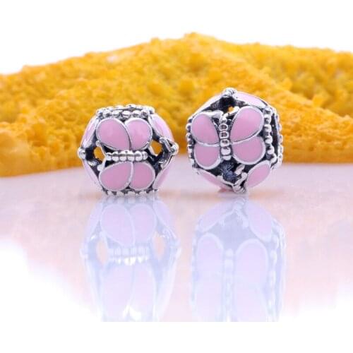 Free Shipping Authentic 925 Sterling Silver Pink Butterflies Charm Fit Original Bracelet For Women DIY Jewelry S925 Beads