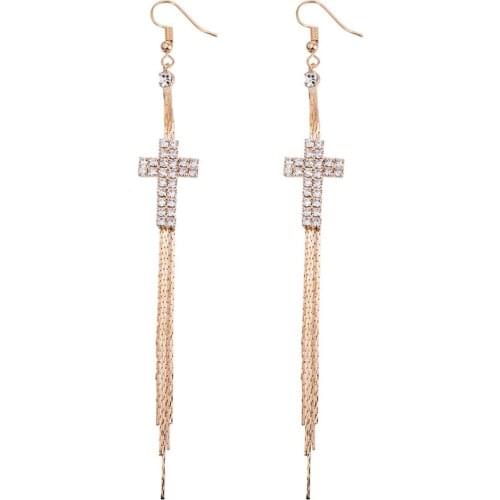 Free Shipping Drop Earrings Gold-color Long Tassel Chain Crystal Cross Shape Pendant Long Earring For Women Free Shipping