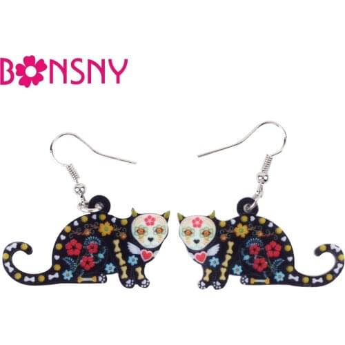 Bonsny Statement Halloween Floral Cat Kitten Earrings Big Long Drop Dangle Animal Acrylic Jewelry For Girls Women Ladies Teens