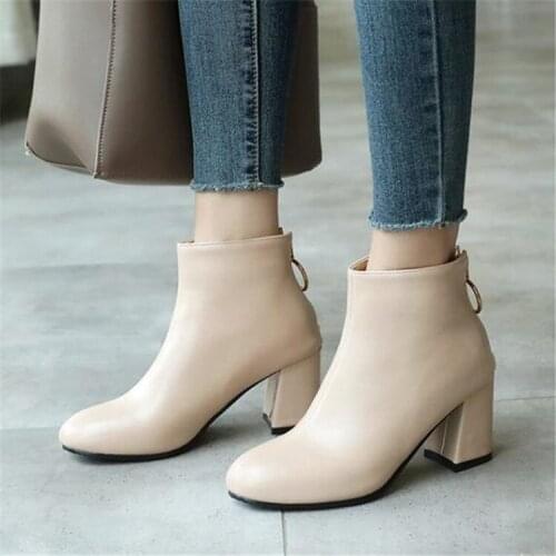 PXELENA Plus Size 34-43 Ankle Boots Women Round Toe Back Zipper Square High Heels Short Boots Fashion Office Party Shoes 2018
