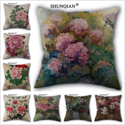 Linen Cotton Peony Pillow Cover Custom Print Home Decorative Pillows Cases 45x45cm one side WZ51621