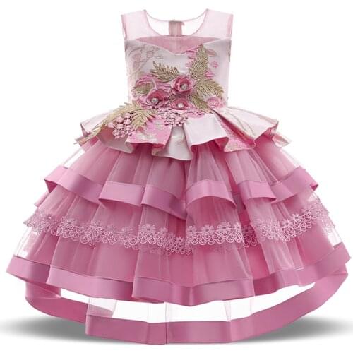 2021 Flower Kids Cake Dress For Girl Children Costume Prom Party Lace Princess Dresses Girls Vestido Embroidery Gown Sleeveless