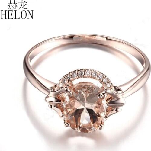 HELON Solid 10K Rose Gold Flawless Oval 8X6mm Natural Morganite Diamonds Wedding Ring For Women Birthday Anniversarry Best Gift