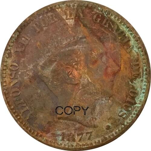 Spain 10 Centimos Alfonso XII 1877 Red Copper Copy Coins Smooth Edge