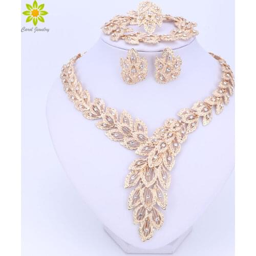 Jewelry Sets For Women Fine Crystal Necklace Earrings Bracelet Set African Beads Gold Color Pendant Wedding Dress Accessories