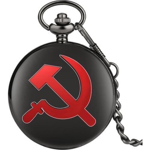Red USSR Soviet Sickle Hammer Style Quartz Pocket Watch Necklace Bronze Pendant Clock CCCP Russia Emblem Communism Chain Gifts