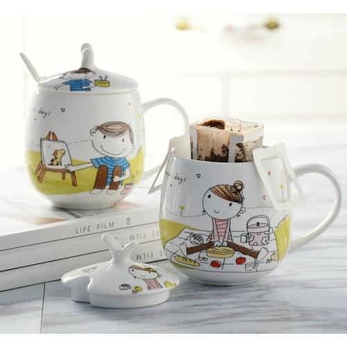 Nordic Bone China Creative Couple Coffee Milk Mug With Lid and Spoon Cartoon Cute Ceramic Breakfast Cereal Cup Office Teacup