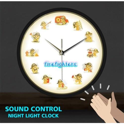 Cartoon Firefighter Characters Metal Frame LED Luminous Wall Clock Sound Control Fireman Hero Rescue Equipment Home Decor Watch