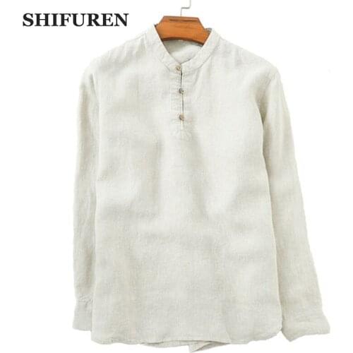 SHIFUREN 2019 New Spring Men Linen Shirts Long Sleeve Soft Breathable Blouse Mandarin Collar Male Social Shirts Linen Clothes