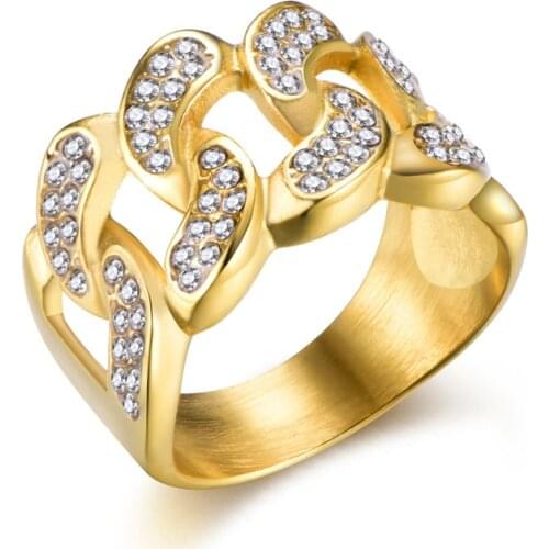 316L Stainless Steel Chain Link Style Ring Zirconia Crystals Paved Gold Men Ring Wave Hollow Knuckle Punk Ring Fashion Jewelry