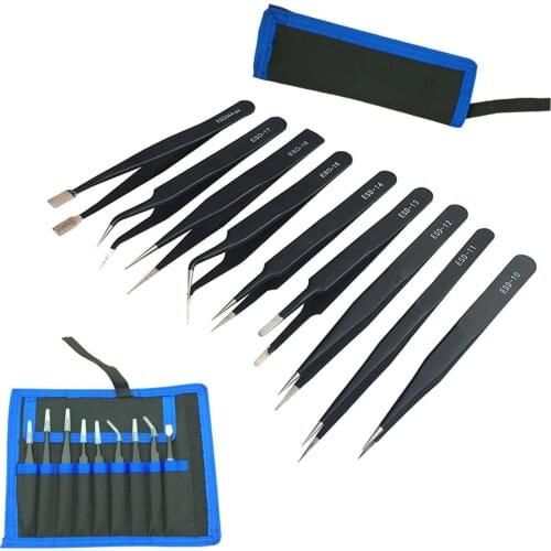 9pcs Tweezers Canvas Bag Set Anti-static Electronics Stainless Steel Tweezers Curved Straight Repair Tool Industrial Tweezers