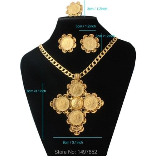 Newest Ethiopian Big Size 4pcs Cross Jewelry sets Gold Color Trendy Jewelry African Wedding Sets for Women
